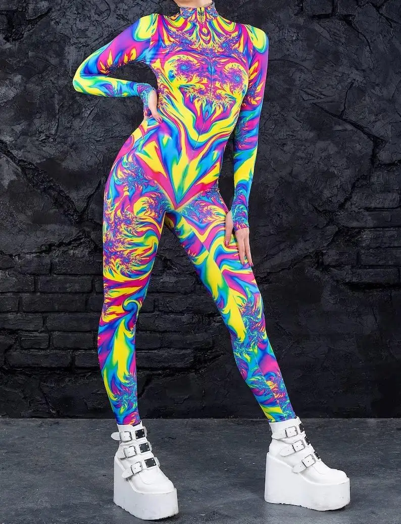 Bunter 3D-Druck Damen Party Cyberpunk Regenbogen Jumpsuit Onesie Halloween Cosplay Kostüm Elastischer Bodysuit Romper – Detail 9