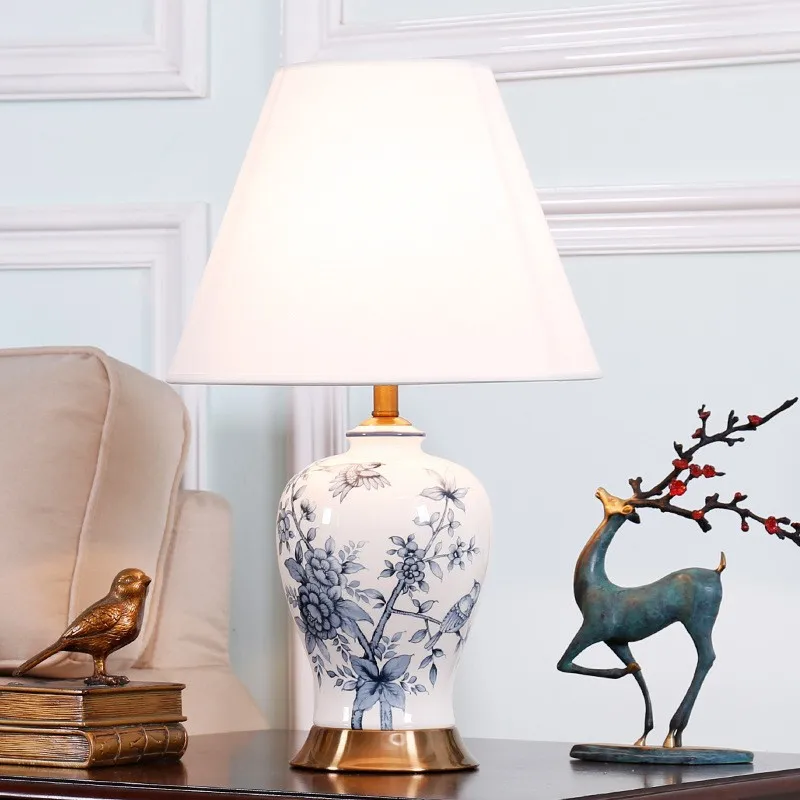 Chinoiserie Floral Bird Porcelain Table Lamp Gold Base White Fabric Shade Bedroom Living Room Bedside Colored Drawing Desk Light