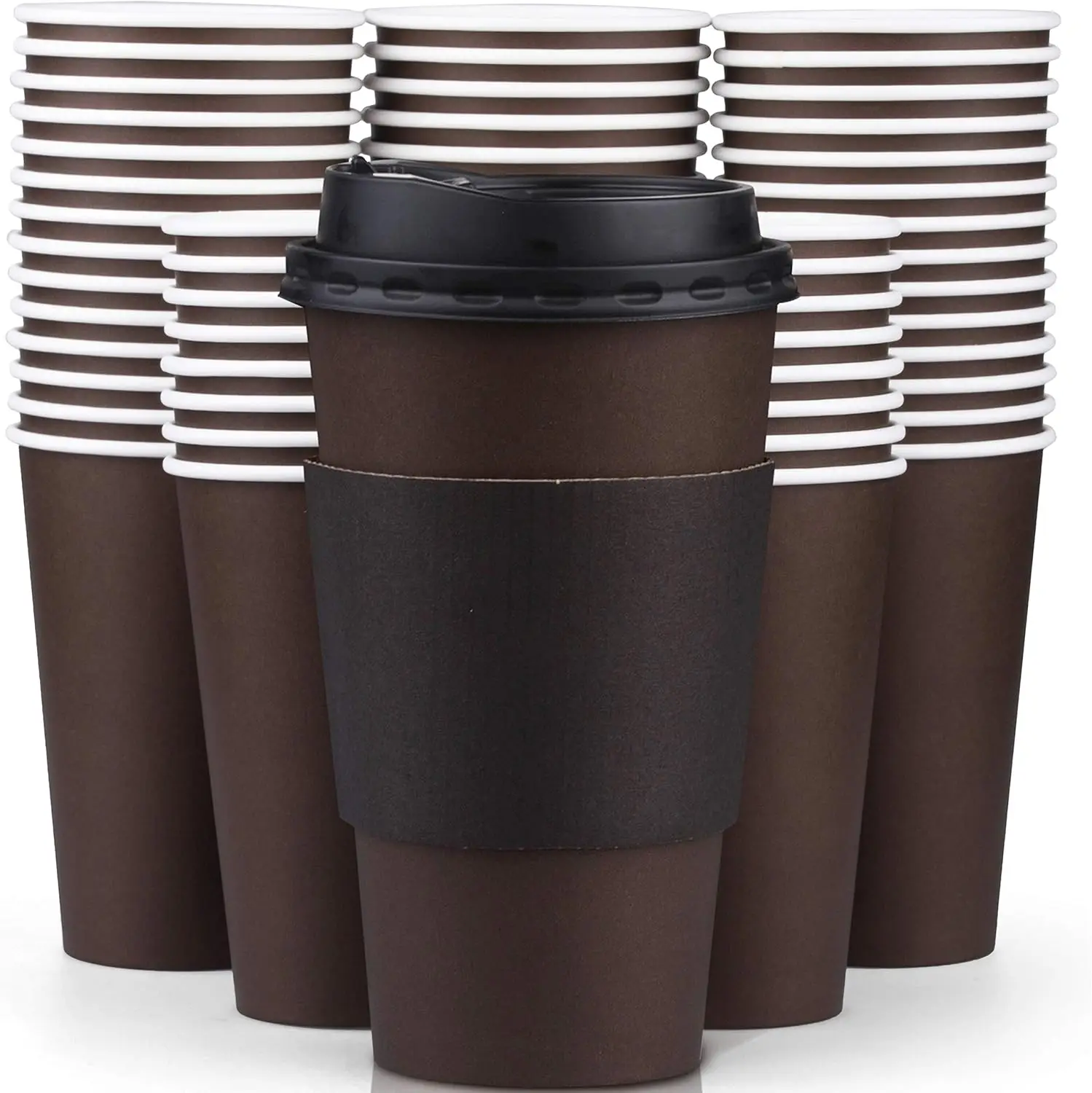 

16 oz Disposable Brown Coffee Cups with Lids & Sleeves, Premium Paper Cups (100 Pack)