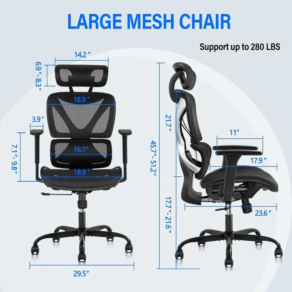 chair with Lumbar Support, Big and Tall Mesh Chairs with Adjustable 3D Arms, Headrest & Soft Seat,