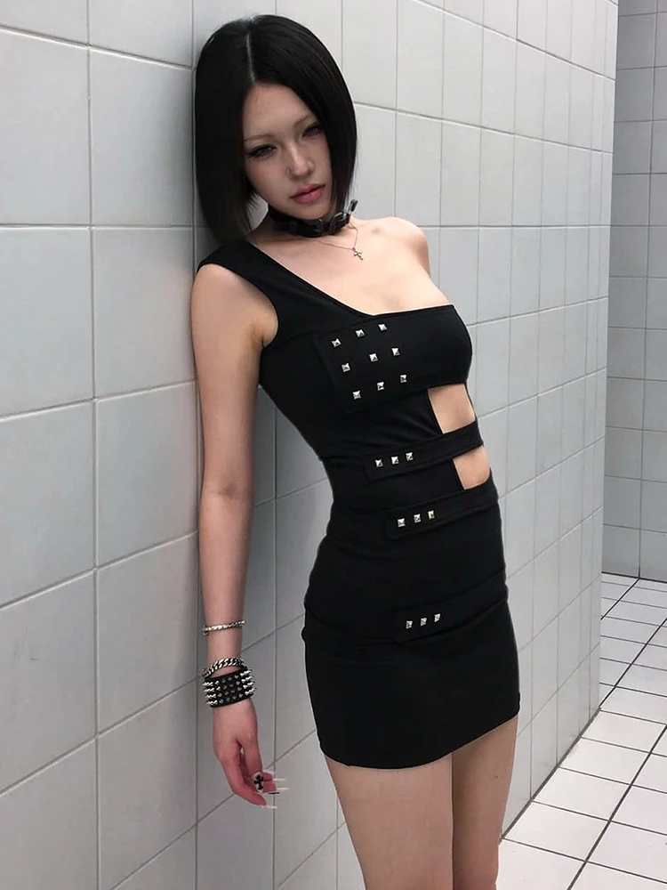 Weird Puss Kleid mit Kunstnieten-Dekoration, Damen, taillenlos, unregelmäßiger Kragen, ärmellos, Sommermode, Midnight Sexy Hottie, figurbetont – Detail 6