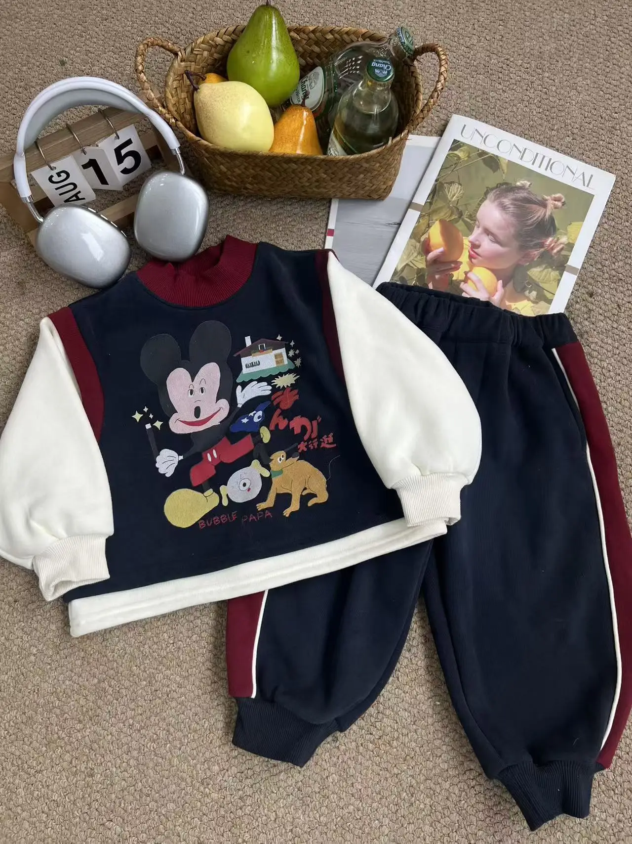 

Mickey Print Fleece Set For Boys Autumn Winter Cartoon Splicing Sweatshirt Sports Pants Two-piece Sets Korean Casual Loose Suit