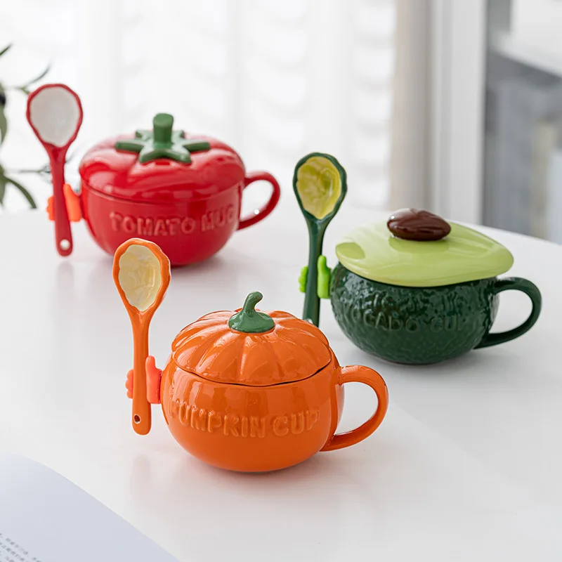 Creative Fruit and Vegetable Cute Ceramic Mugs Trendy Coffee Mugs Household Ceramic Scoop with Lid Breakfast Oat Mug Set