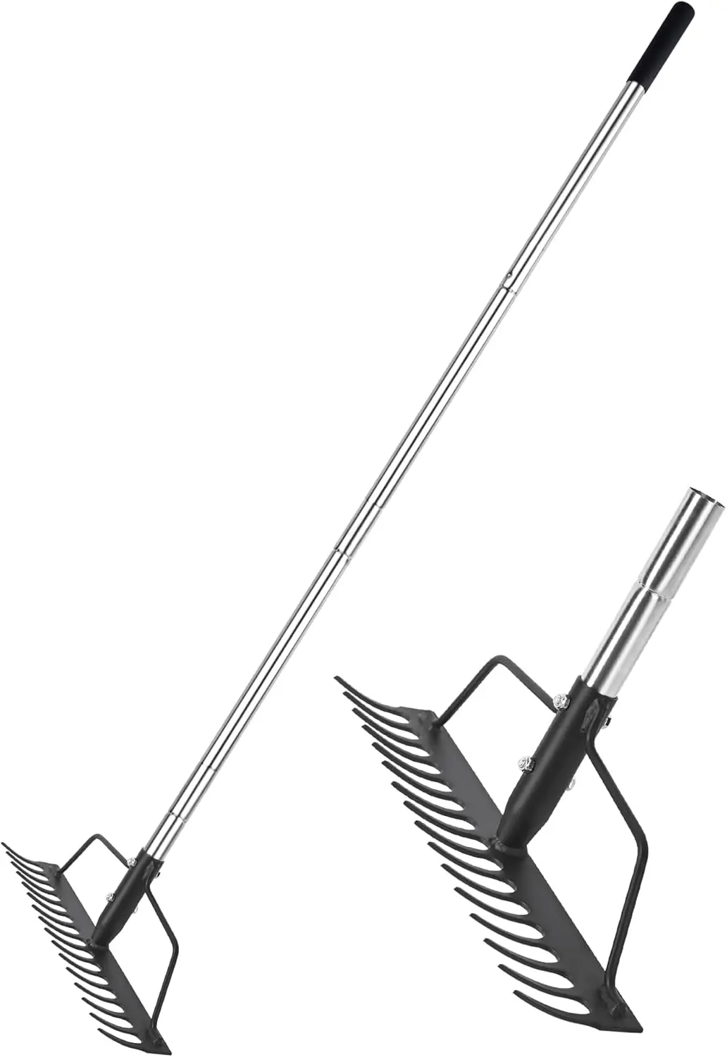 

Adjustable 16-Tine Bow Rake, Heavy Duty Steel Head, 3 Length Settings for Garden & Lawn Care