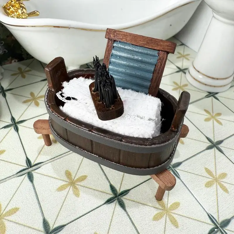Dollhouse Miniature Wooden Barrel Washboard Brush Three-Piece Set Laundry Scene Micro Landscape Ornaments Pretend Play Toys