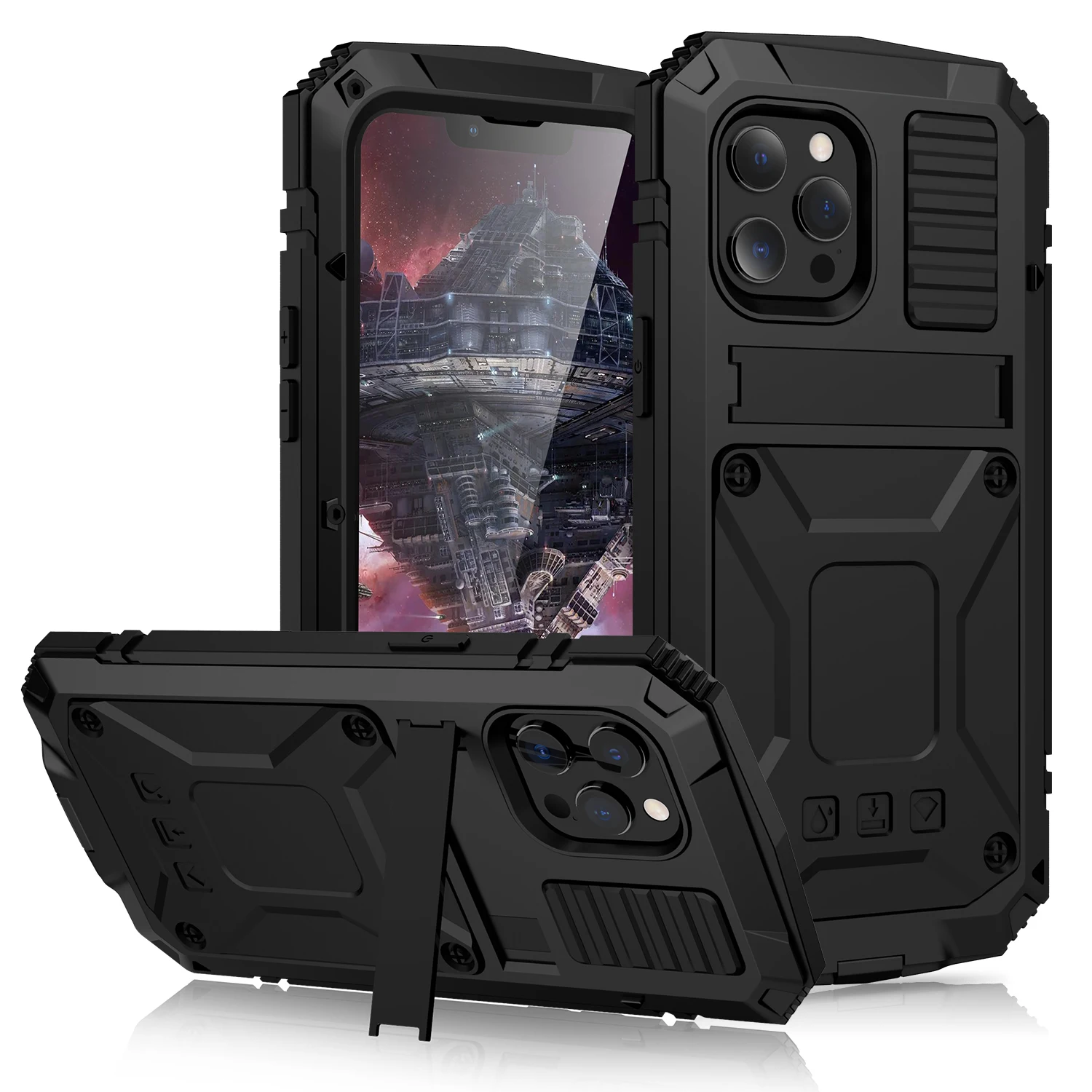 R-just Shockproof Armor Cover For Iphone 16 15 14 Plus 13 12 11 Pro Xs Max Bracket Full Body Protect Silicone Liner Metal Bumper