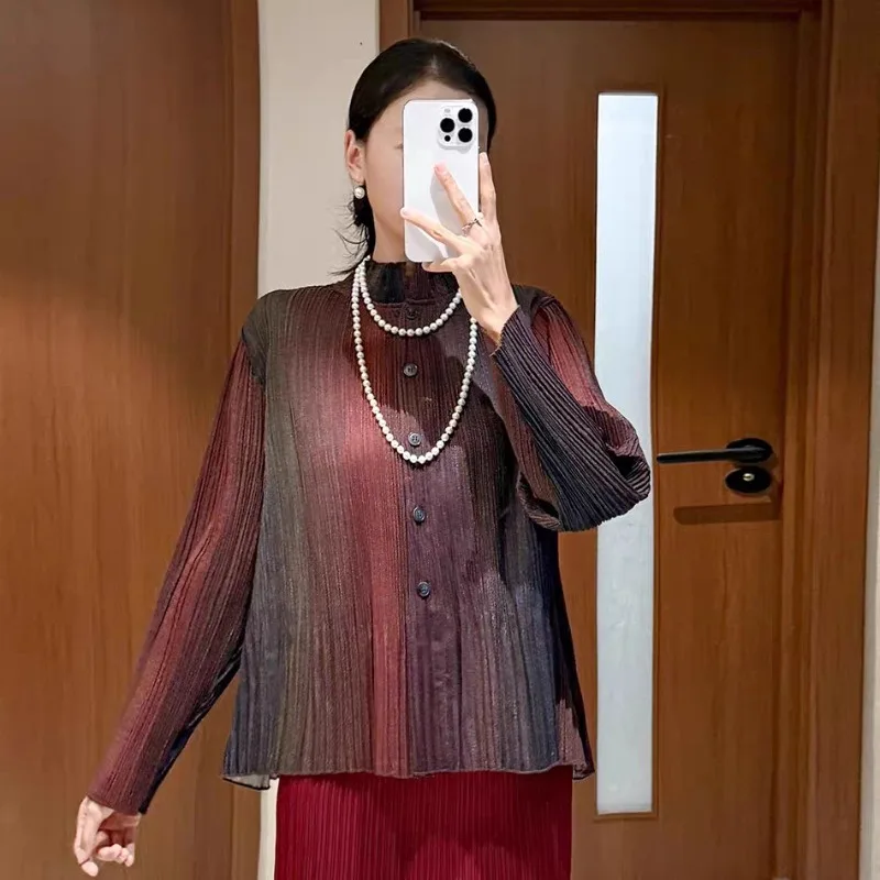 Miyake Pleated Shirt 2025 Women's Oversized Stand Collar Gradient Design Cardigan Fall New Top Elegant Fashionable Outerwear
