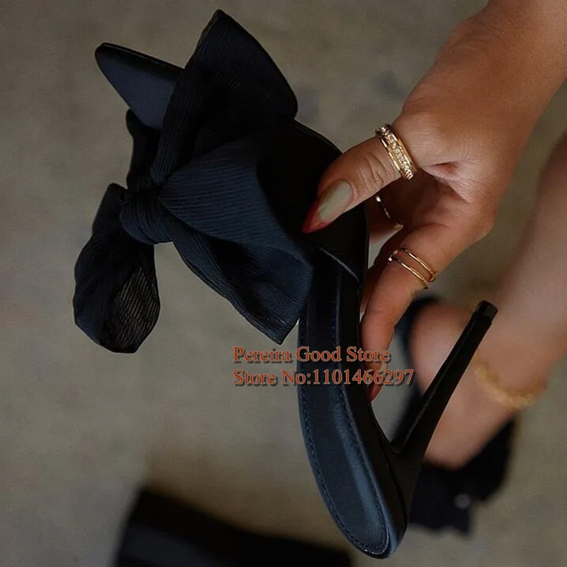 Black Mesh Bow Knot High Heel Mules Shoes Pointed Toe Slip On Cover Heels Spring Summer Sandals Cutout Women Slippers