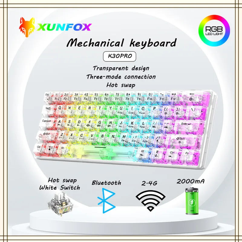 

K30pro 61 Keys Mechanical Keyboard Full Transparent Rgb Backlight 2.4g Wireless Bluetooth-compatible Usb Wired For Laptop