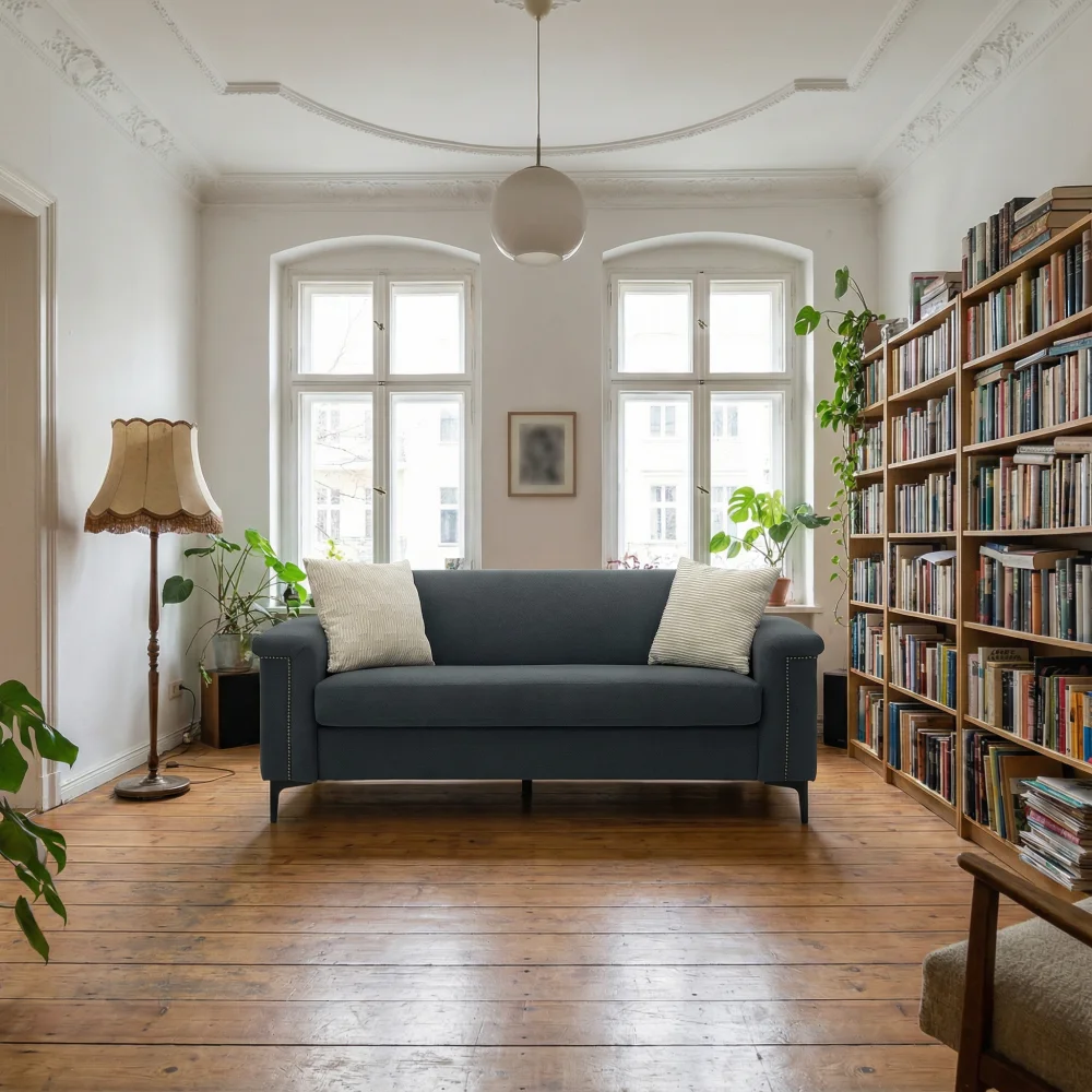 PINGGO 2-Sitzer-Sofa im nordischen Stil, feiner Leinenstoff, Massivholzrahmen, stabile Eisenbeine, 174 x 72 x 82 cm, Wohnzimmermöbel – Detail 6