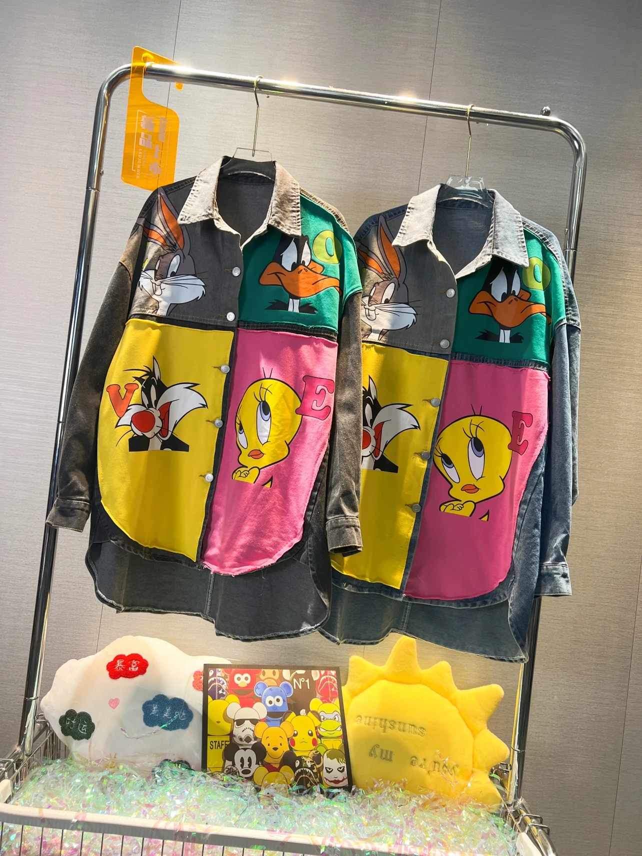 Trendy Brand Autumn Women Long Sleeve Blouses Cute Cartoon Printed Colorblock Denim Shirts Mid-long Casual Loose Jean Coats