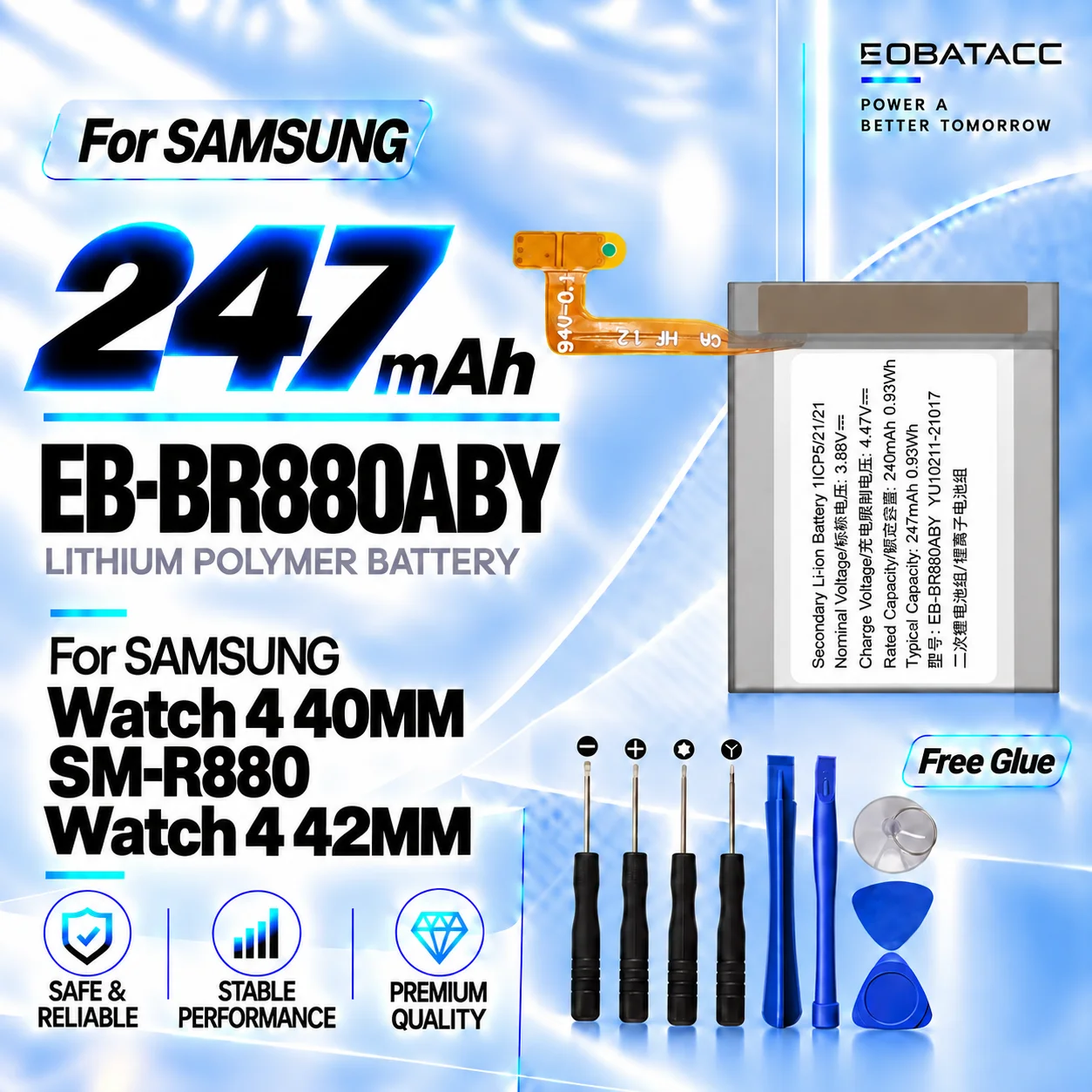 New EB-BR880ABY 247mAh Replacement Battery For SAMSUNG Watch 4 40MM/Watch 4 42MM/SM-R880 Smartwatch Long-lasting +Free Tools