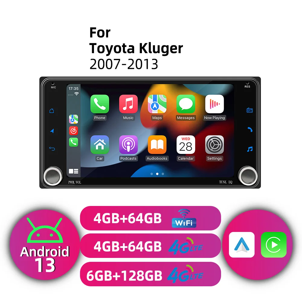

Автомобильный радиоприемник 2 Din для Toyota Kluger 2007-2013, мультимедийный беспроводной Carplay и Android Auto, 7 дюймов, Android головное устройство, стерео GPS