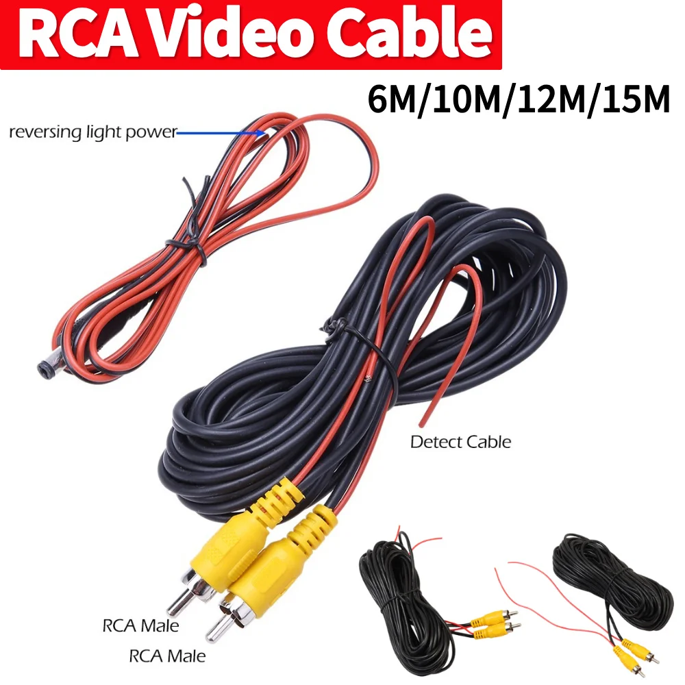 Cable de vídeo RCA 6M/10M/12M/15M cámara de visión trasera Universal extensión RCA para instalación de Monitor de cámara de respaldo RV de camión de coche