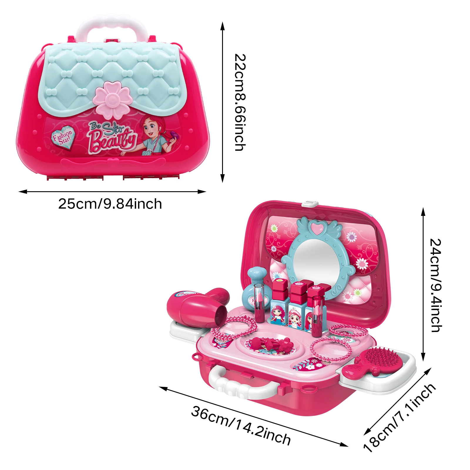 역할 놀이 주얼리 키트, 헤어 드라이어 브러시 포함, 2-6 세용 메이크업 장난감 세트, 공주 여행 가방 포함, 립스틱 거울, 21 개