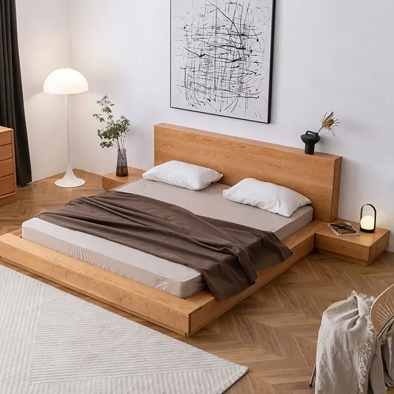 Nordic all solid wood cherry wood light luxury floor tatami double bed Japanese simple log bedroom short bed