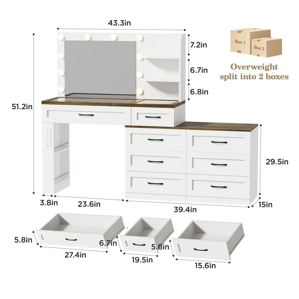 Makeup Vanity Desk, Vanity 6Drawer Dresser Combo, Antique White Large Make Up Dressing Table, with Mirror and Lights, Glass Top