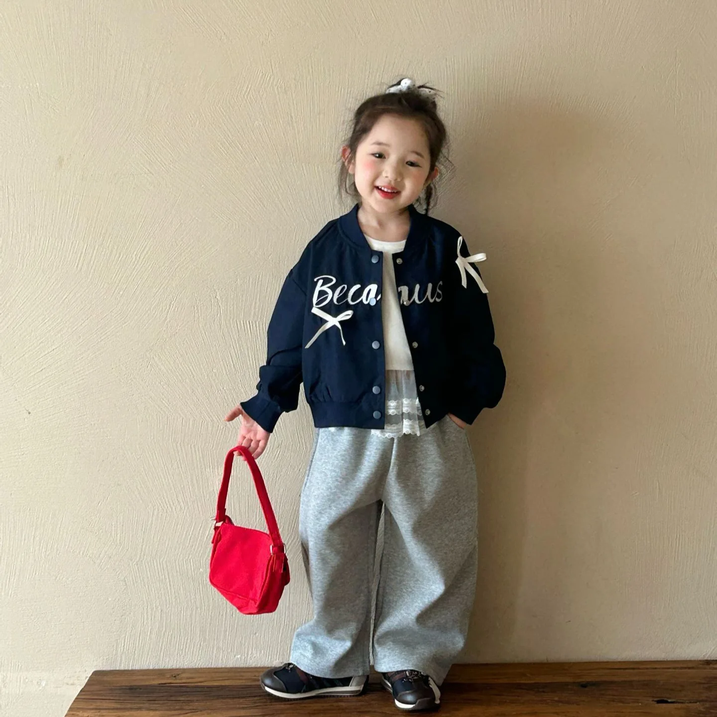 

2025 Autumn Baseball Jersey Korean Version Children's Clothing Fashion Bow Letter Embroidered Jacket Girls Baseball Jersey Girls