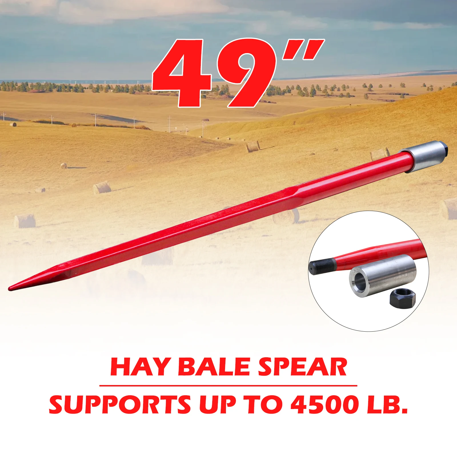 Brand new 49-inch bale fork with a load capacity of 4,000 pounds, equipped with a 2-piece skid steer loader bale fork.