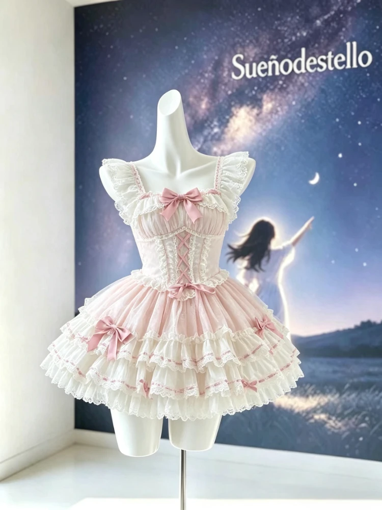 Sweet Lolita Dress Women Puff Sleeve Lace Bowknot Corset Tiered Cake Skirt Slim Fit Mini Dress Kawaii Tea Party Outfit 2026 New