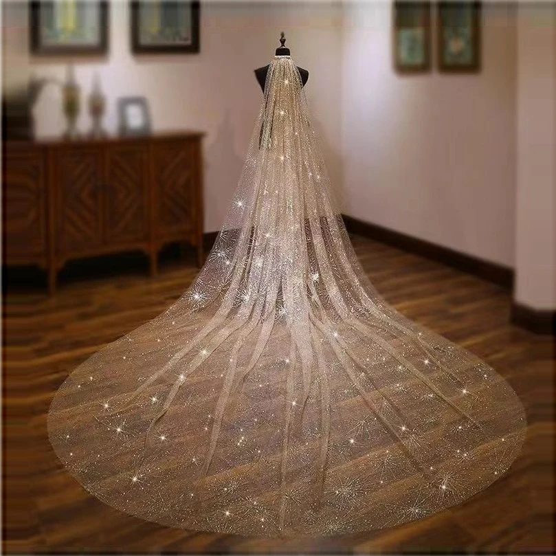 Champagne Color Wedding Veil Bridal Veils Fingertip Veil Edge Single Tier with Comb Color Veil of the Bride Long shine veil 3M