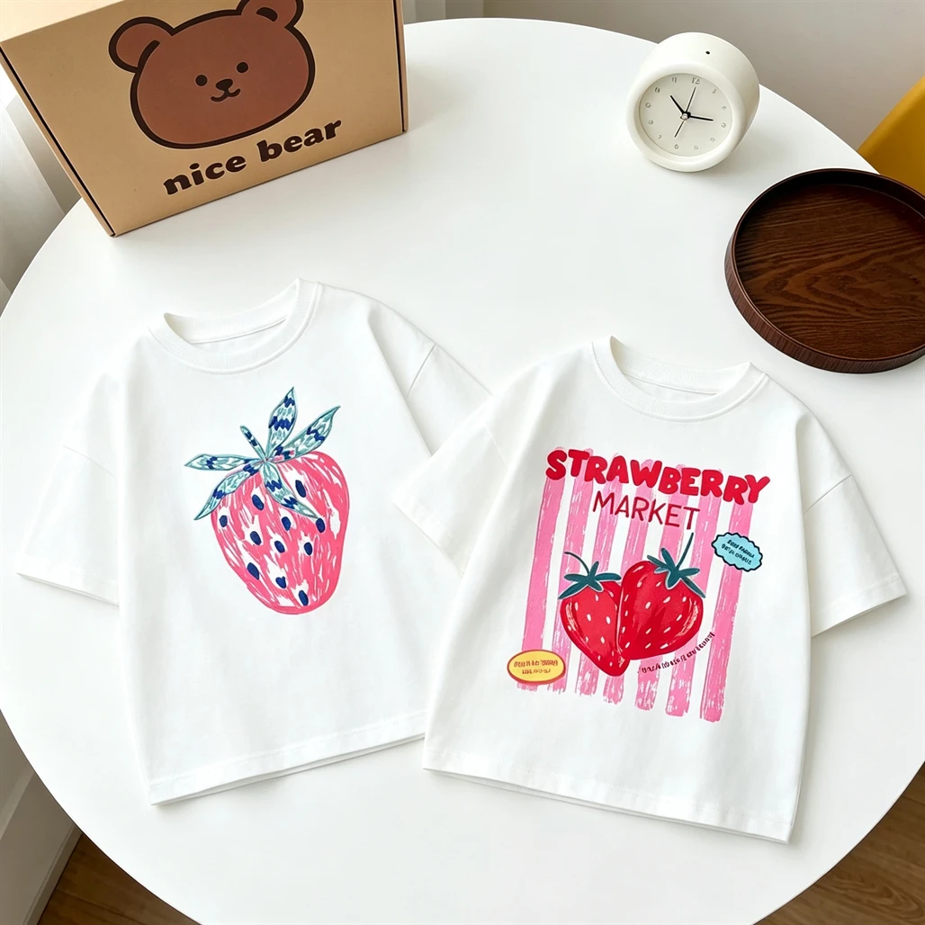 White T Shirt Strawberry Print Tees Round Neck Bottoming Shirt Summer Pure Cotton Clothes Toddler New Loose Casual Sports Tees