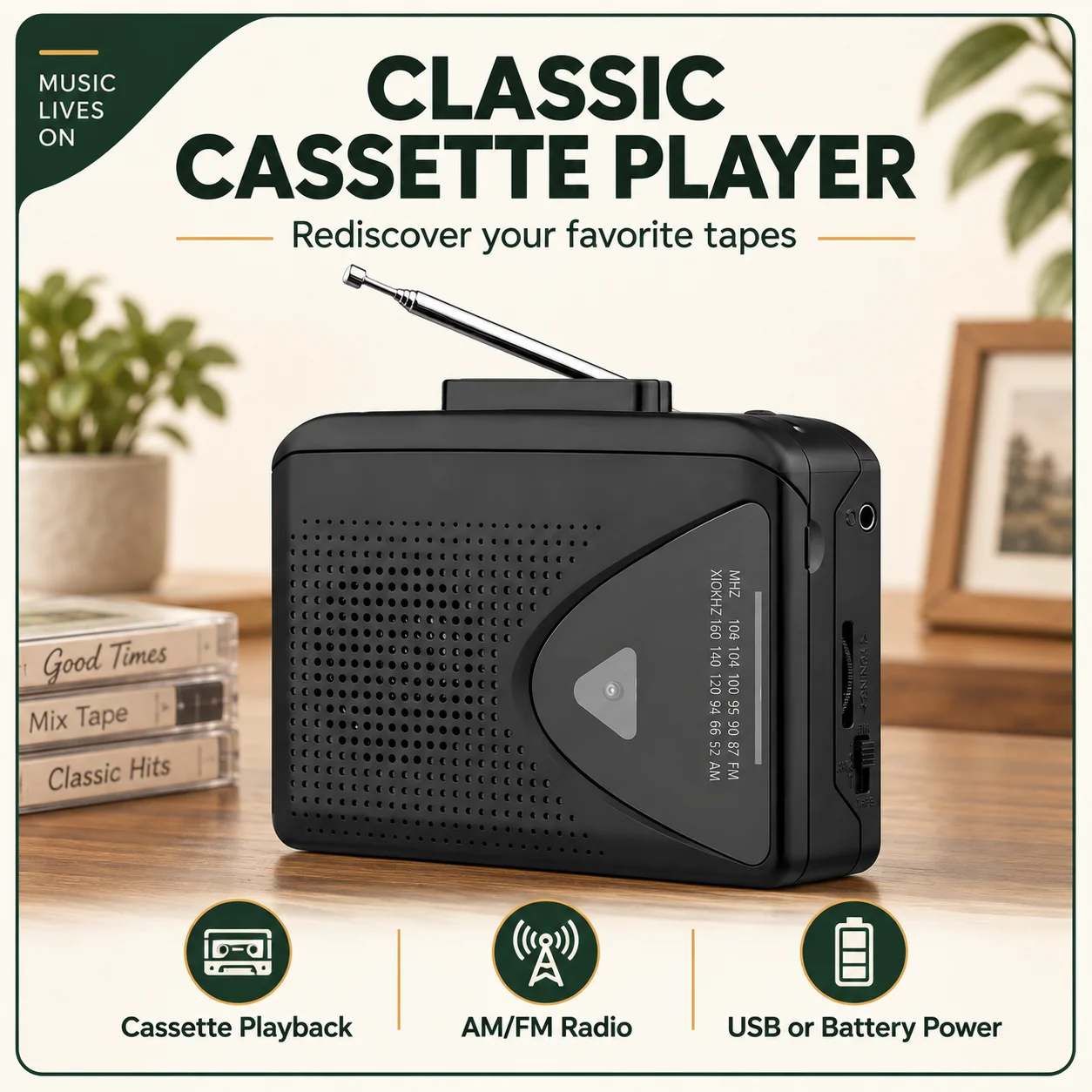 Portable Cassette Player AM FM Radio Built-in Speaker USB or AA Battery Powered Retro Tape Player for Home Travel