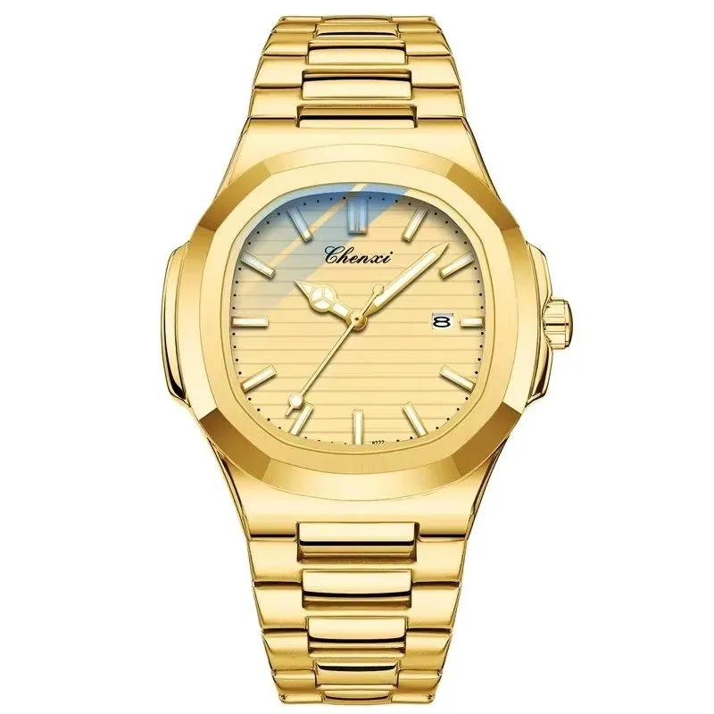 CHENXI 8222 Роскошные золотые ночники из нержавеющей стали для отдыха, мужские деловые часы, модные кварцевые часы, водонепроницаемые подарки с календарем