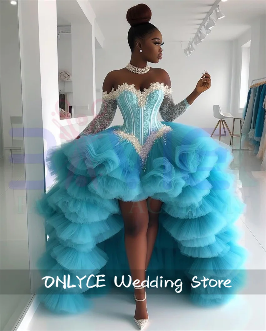 

Princess Turquoise Prom Dresses 2024 For Black Girl Ruffles Tiered Long Sleeves Crystal Diamonds Birthday Dresses Customized