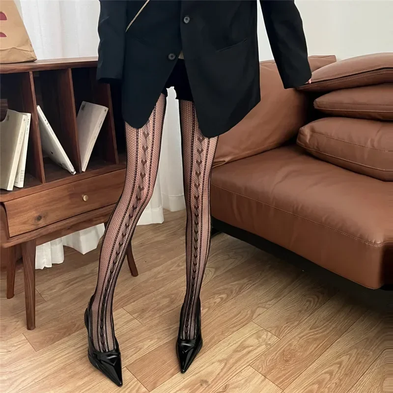 Meias altas para coxas de coração oco para mulheres, meia-calça mesh, calças justas sexy, lingerie JK Lolita, calças justas doces para meninas