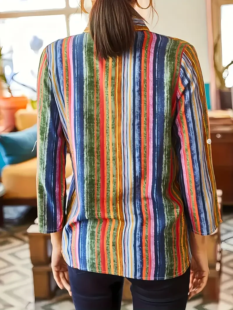 Plus Size Elegant Striped Button-Up Shirt for Women Vintage Long Sleeve Machine Washable Ideal for Vintage Striped Shirt