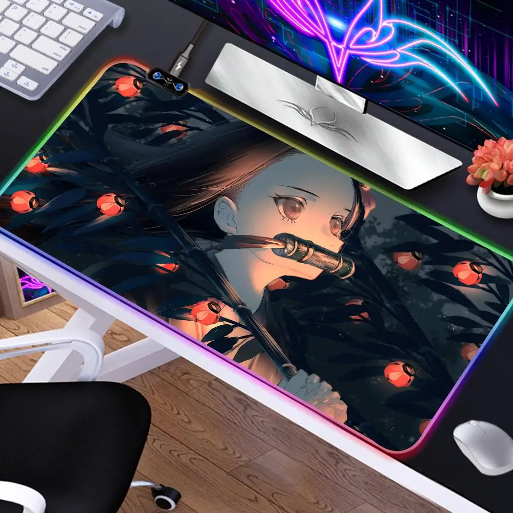 RGB Japan Anime Mouse Pad Laptop Kawaii Pink Girl Keyboard Rug LED Luminous Mousepad XXL PC Demon Slayer Kamado Nezuko Desk Mat