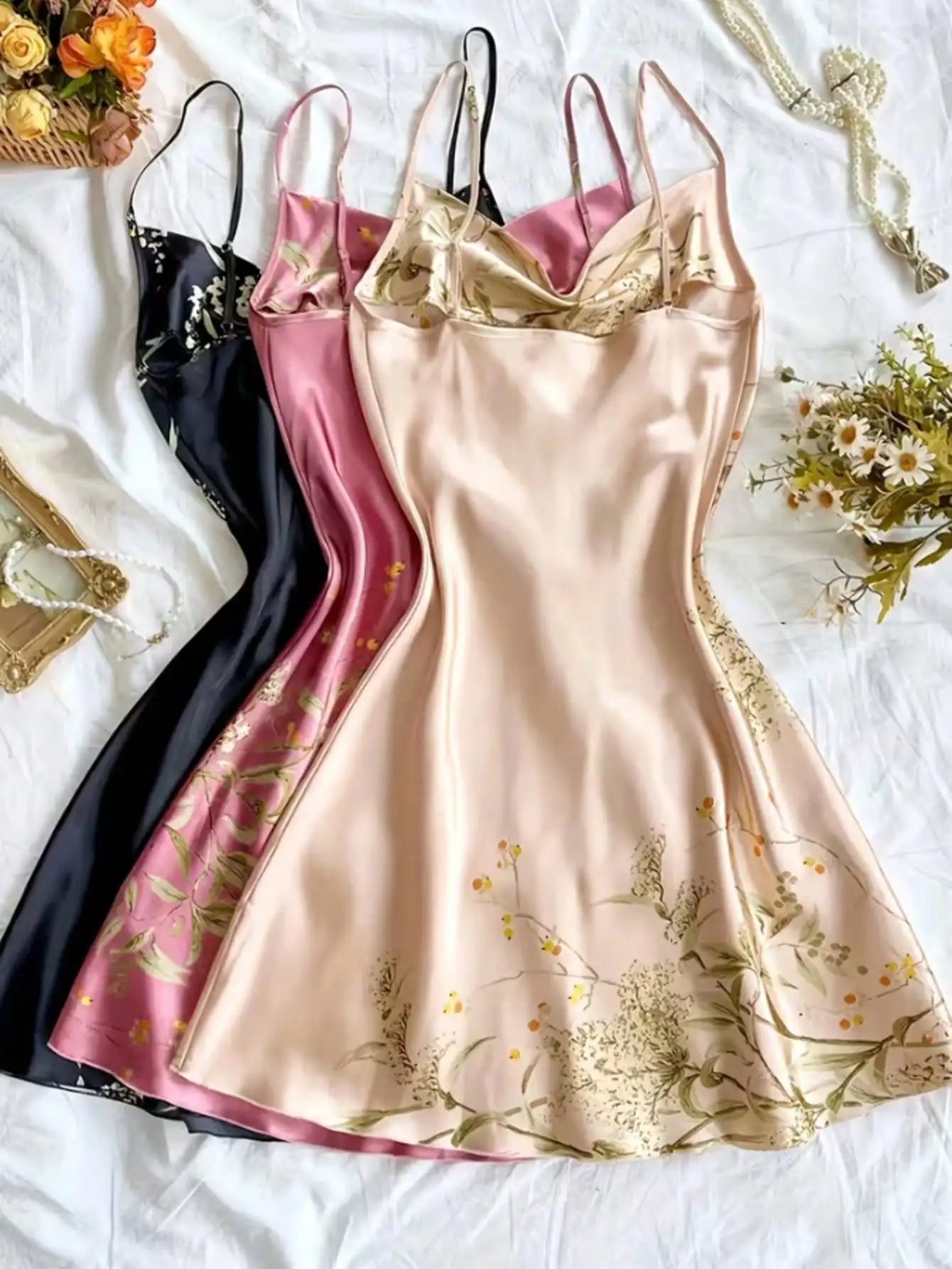 

3-Pack Silk-Like Floral Print Slip Nightgowns - Loose Fit, Adjustable Straps