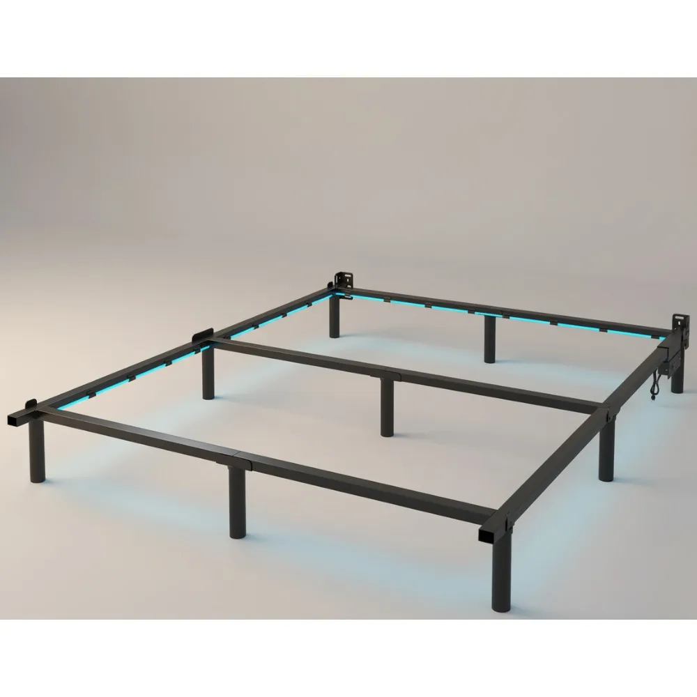 

King Size LED Metal Bed Frame with Charging Station, 9-Leg Support, Tool-Free Assembly for Modern Bedrooms
