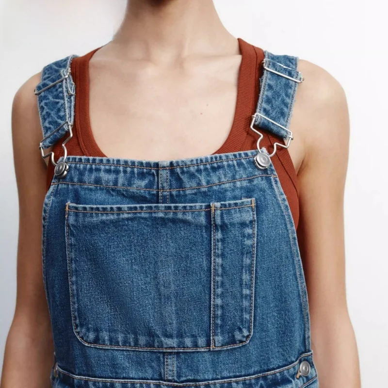 

Spring New Arrival Women's Long Straight Collar Denim Overalls ket Decorated Simple Strap Sle High Waist Trousers