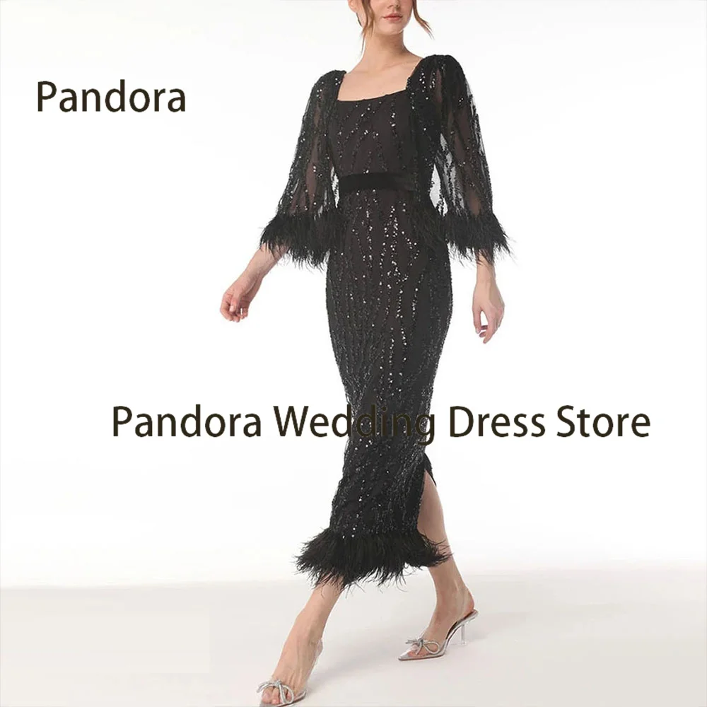 

Pandora Women's Ankle-length evening gown with square neck long sleeve mermaid sequin feather slit wedding birthday party dress