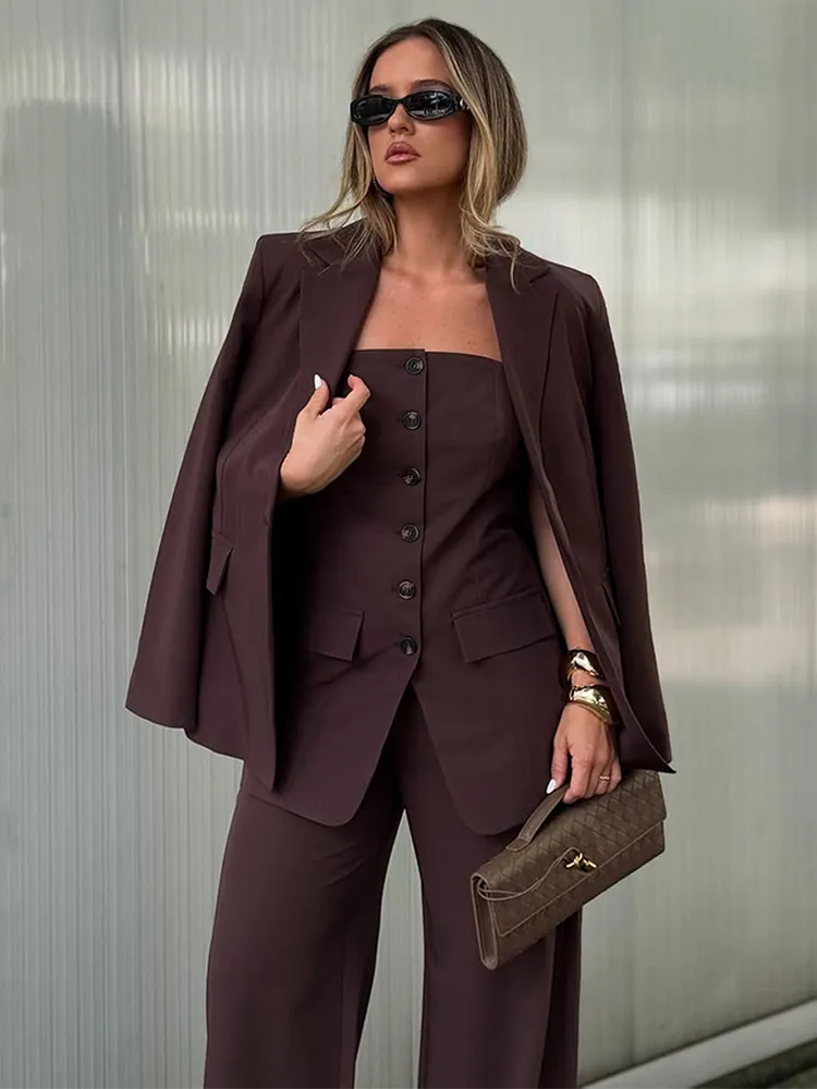 Women Brown Blazer Coat Pant Sets Chic Lapel Long Sleeve Jacket Slim Tube Top Trousers Suit 2025 Spring Lady Commute Streetwear