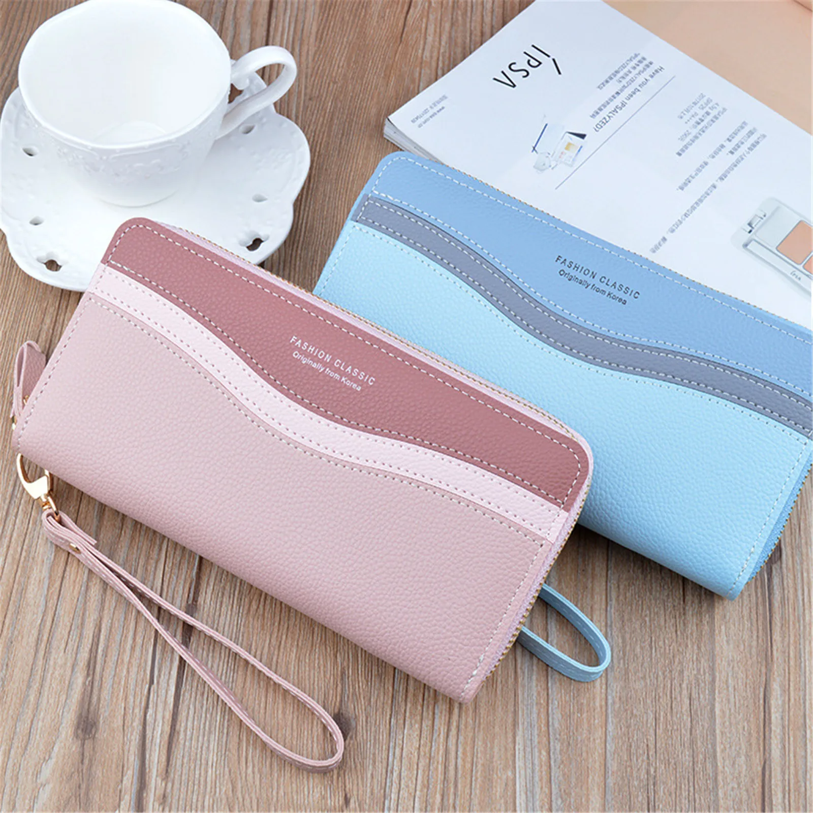 Women\'S New  Long Double Zipper Clutch Fashionable Contrast Color Large Capacity Double Layer Wallet Coin Mobile Phone Bag