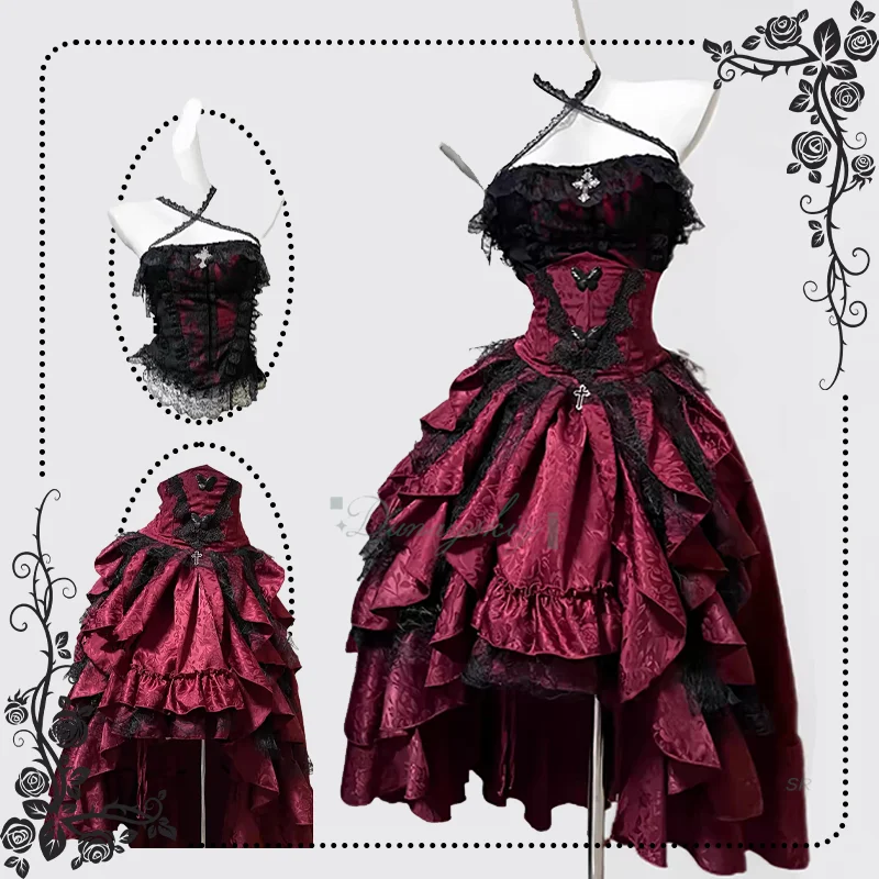 Lolita Weinroter Gothic-Anzug, wunderschönes Spitzenkleid, Retro-Stil, Cosplay-Kostüme, geteilte Kleidung, Korsett-Rock für Halloween