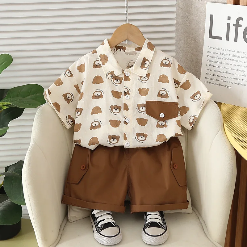 

Новый детский костюм с короткими рукавами, комплект одежды для маленьких мальчиков, летняя рубашка с принтом медведя для малышей + короткая одежда из 2 предметов, детская одежда, От 6 месяцев до 5 лет