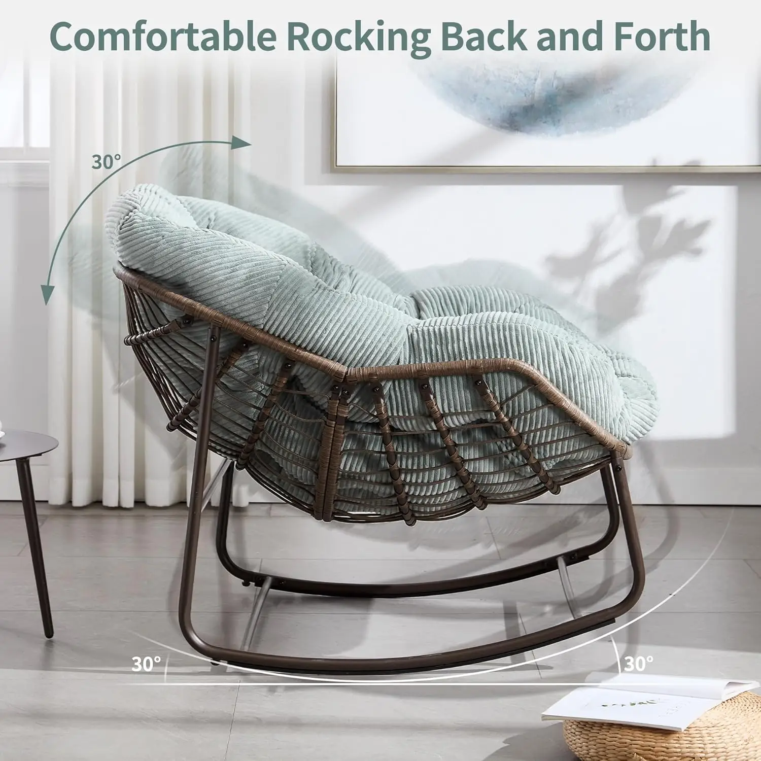 Outdoor Papasan Rocking Chair - Oversized Comfy Patio Chair, Green Egg Rattan Rocker with Velvet Cushion for Porch, Lawn, Living