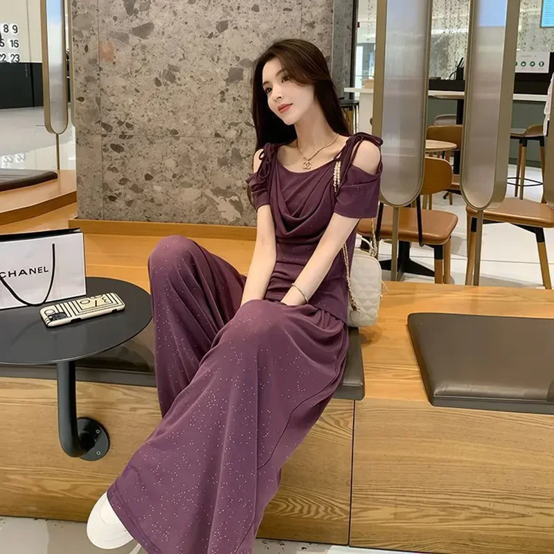

Sequin Hollow High-End Fashion Suit Women's 2025 Summer New Chic Casual Shoulder Short-Sleeved Wide-Leg Pants Two-Piece Set