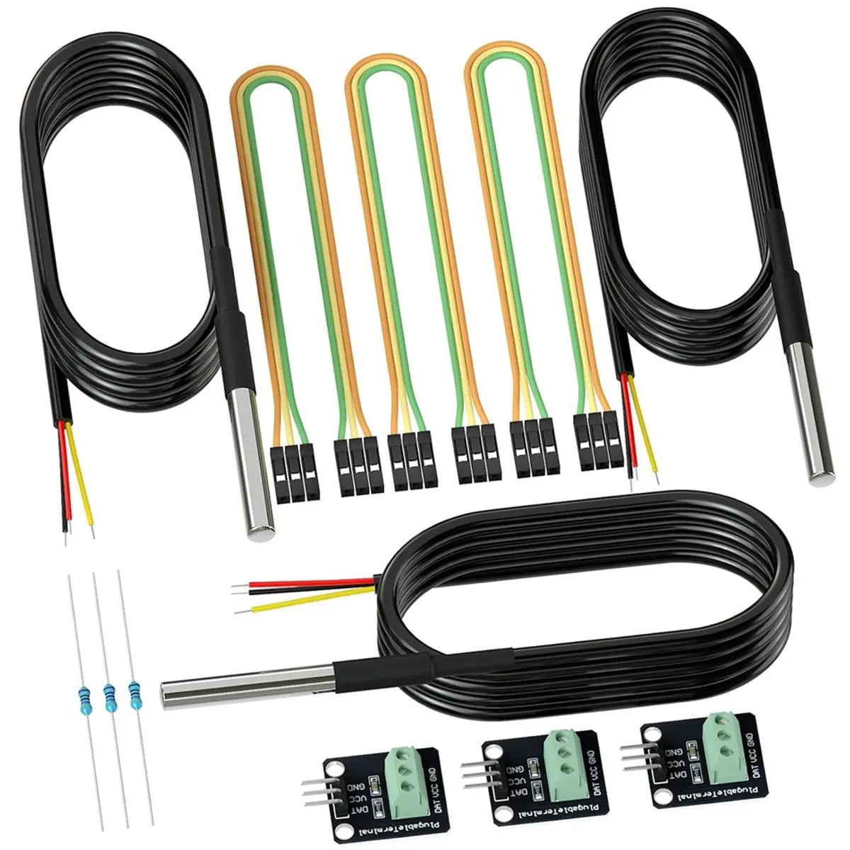 Budget-Friendly-3Pack Waterproof Temperature Sensor Probes,Female to Female Jumper Wires and 4.7K Ohm Resistors for Raspberry B