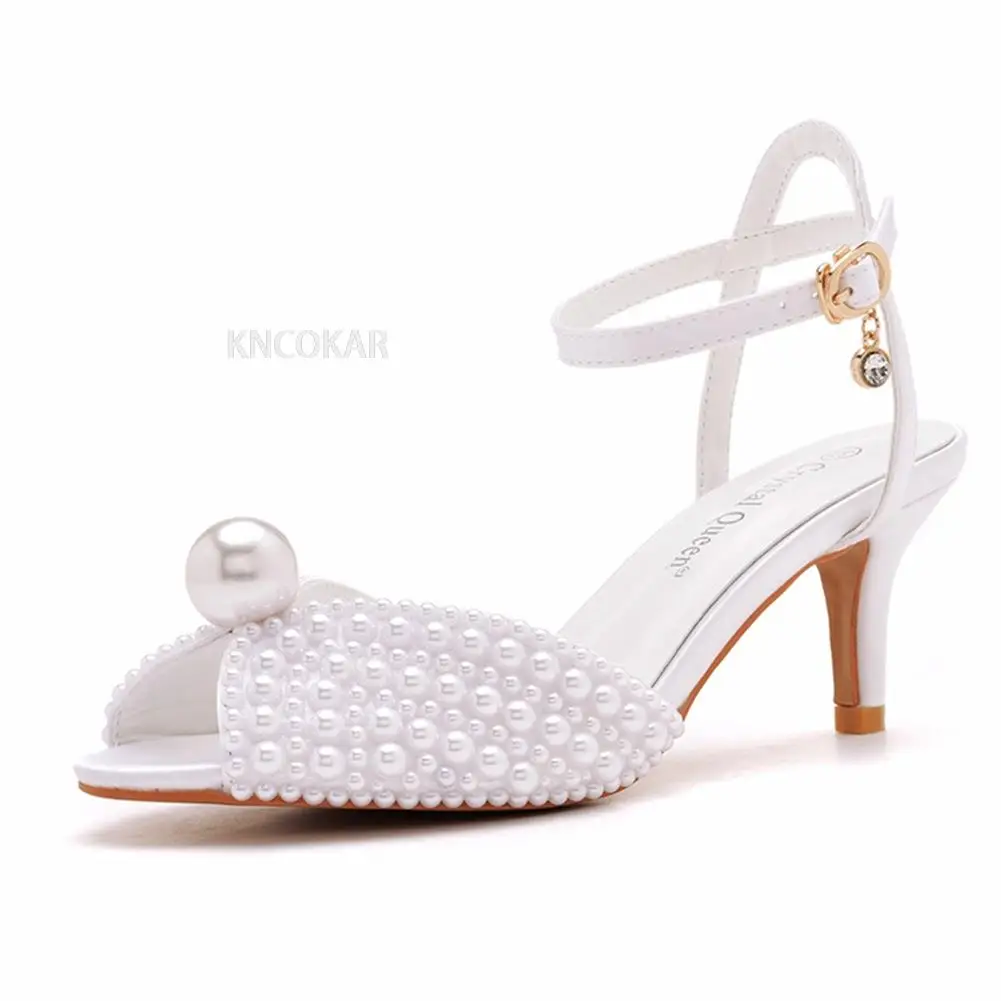 6cm fish beak high heel sandals with shallow buckle and large round toe high heels, hollowed out fish beak satin pearl sandals