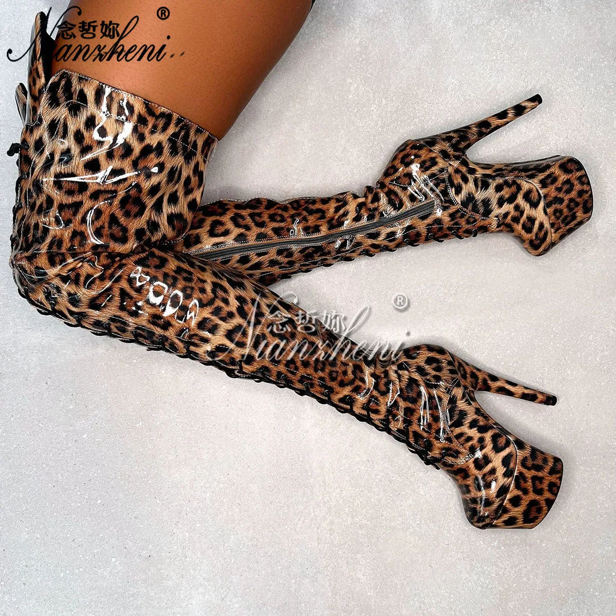 Fetish Shoes 20cm High Heels Sexy Leopard Print Round Toe Strip Pole Dance Exotic 7Inch Over The Knee Boots Crossdress Gothic