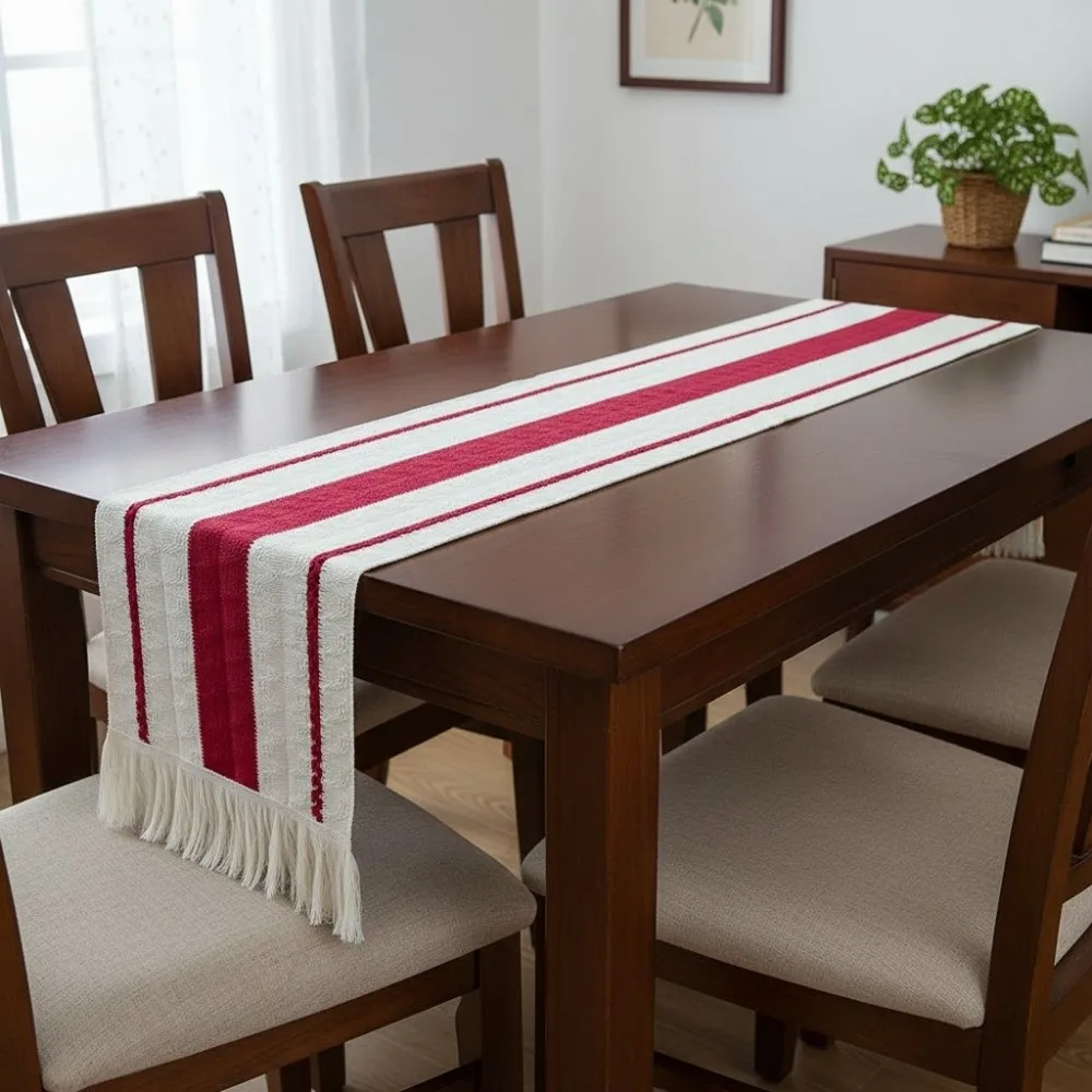 Red Stripes Bohemian-Style Table Runner Weaving Design With Tassel Dinning Table Cover Non-slip Rectangular Table Cover