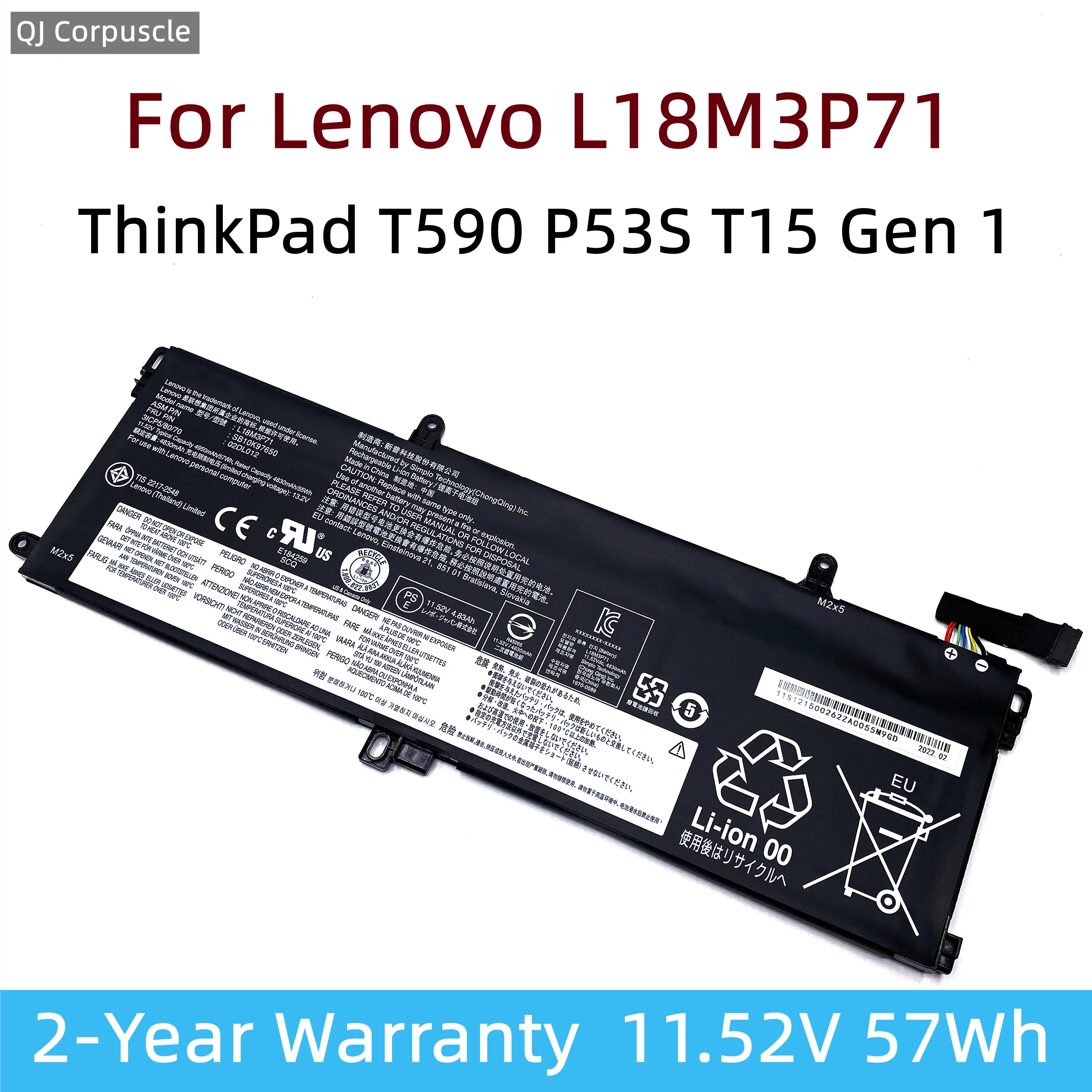 Bateria Original do Portátil para Lenovo Thinkpad L18m3p71 L18l3p71 T590 P53s T15 02dl011 02dl012 Sb10k97650 Sb10k97649 5b10w51831