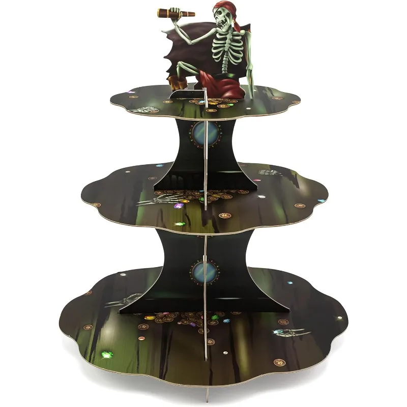 Soporte para cupcakes de pirata con calavera, soporte de nivel para exhibición de postres, bandeja para servir pasteles para esqueleto, suministros para fiesta de cumpleaños y Halloween espeluznantes