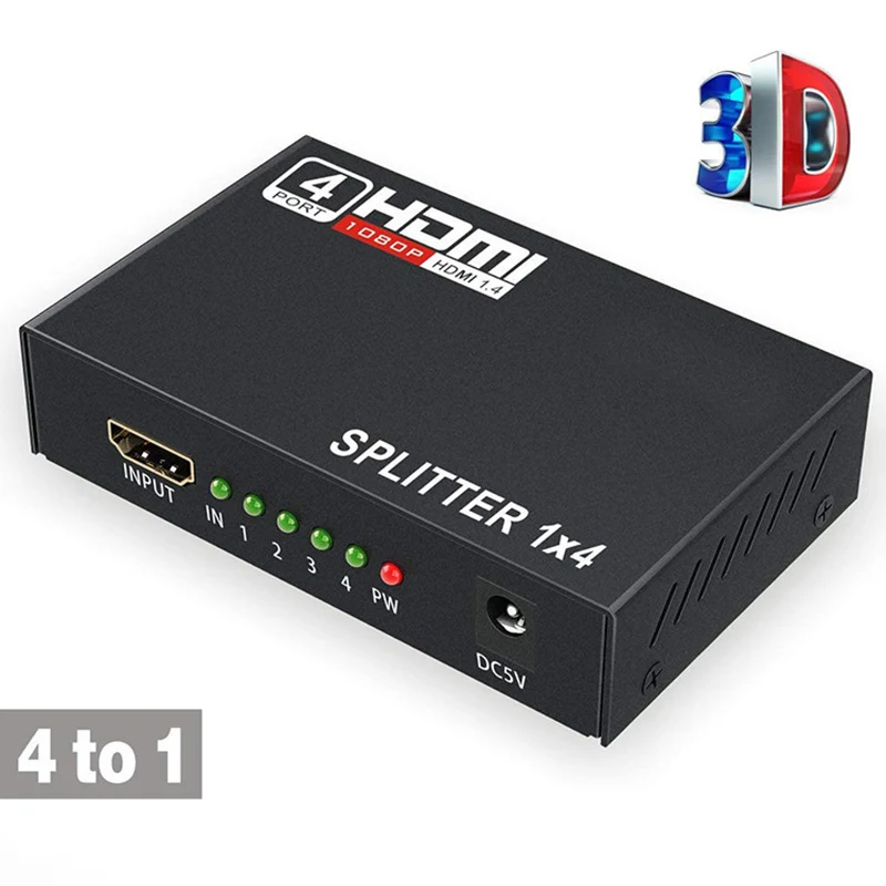 Разветвитель HDMI 1x4, разветвитель HDMI 1 в 4, разветвитель 1080P HD HDMI, разветвитель, дублирующий экран для ПК, HDTV, DVD, PS3, Xbox