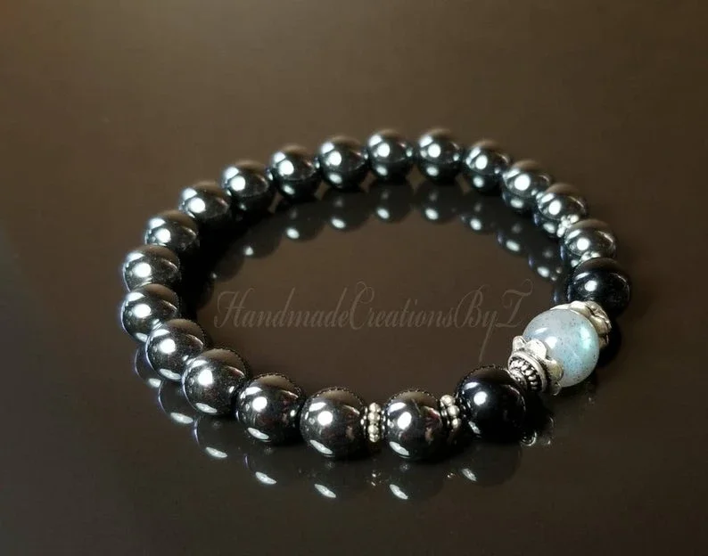 Labradorite, Black Tourmaline & Hematite Bracelet, 8mm Healing Jewelry, Men Women